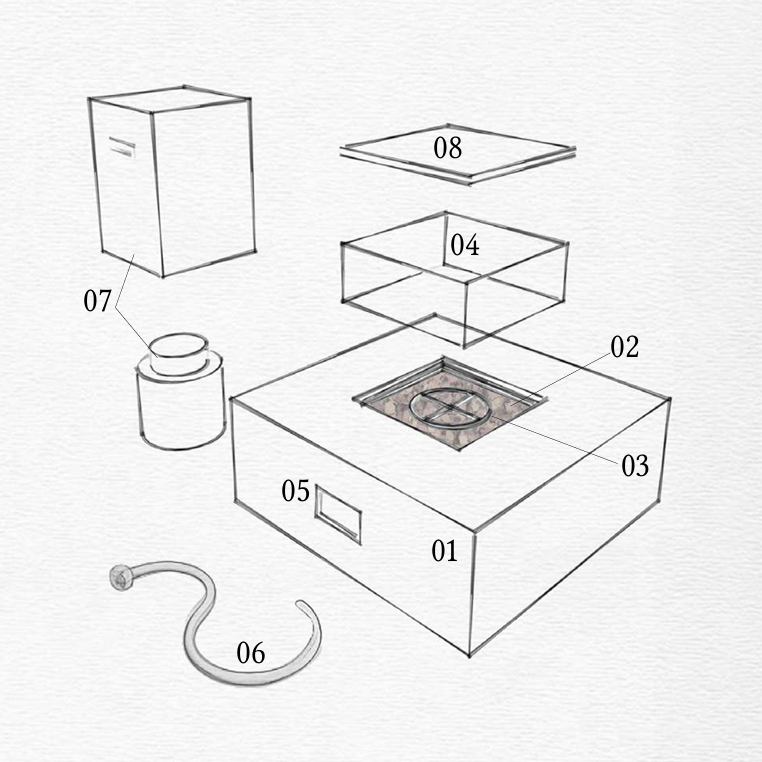 Schéma numéroté du foyer à gaz — table, matériau de remplissage, brûleur, tour de verre, allumage, raccordement au gaz, bouteille et couvercle de brûleur, numérotés de 01 à 08.